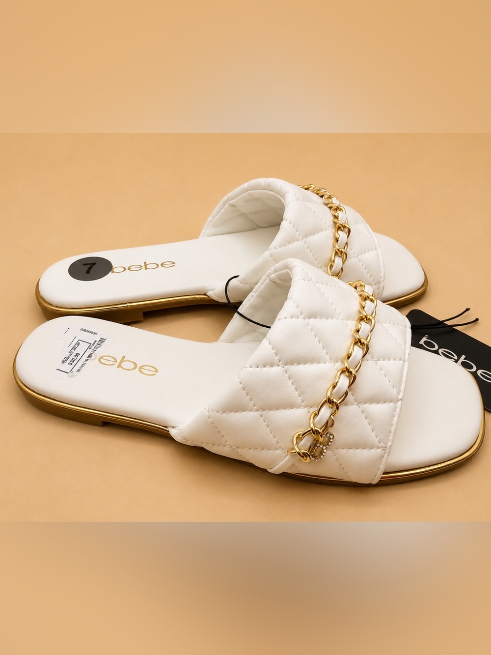 bebe White Quilted Slide Sandals with Gold Chain